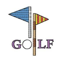 Golf flags in blue and red/yellow stripes next to playful 'GOLF' text, featuring a vibrant design.