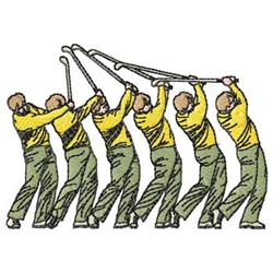 Cartoonish golfer swing sequence featuring six colorful poses with golf clubs, in vibrant yellow and green outfits.