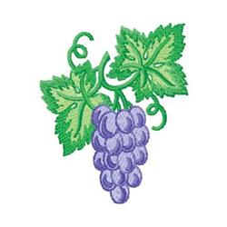 Vibrant grape cluster with rich purple hues, green leaves, and swirling tendrils in a lively botanical style.