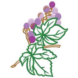Applique grapevine cluster featuring glossy purple grapes, rich green leaves, and a golden vine in a colorful design.