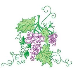 Detailed grapevine with clusters of purple grapes and green leaves, featuring curly vines in a vibrant floral style.