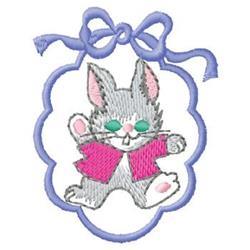 Adorable gray bunny in a pink jacket with a blue bow, perfect for Easter, set in a playful design.