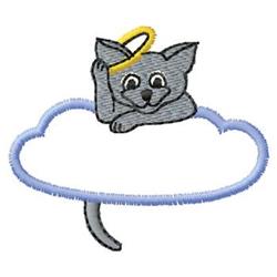 Playful gray cat with large eyes and a golden halo, resting on a fluffy cloud, in a whimsical cartoon style.
