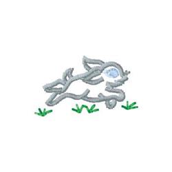 Gray rabbit mid-leap with a light blue eye and green grass, perfect for playful spring-themed designs.