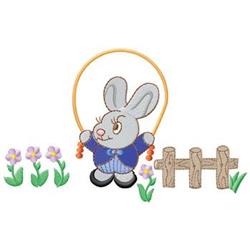 Whimsical gray rabbit in blue outfit joyfully skipping with a hoop, surrounded by vibrant purple flowers and a rustic wooden