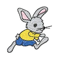 Playful gray rabbit wearing a yellow shirt and blue shorts, joyfully running in a spring scene.
