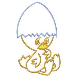 Playful hatchling chick in bright yellow and orange, breaking free from a cracked blue egg shell, perfect for Easter.