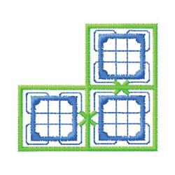 Geometric design of interlocking squares with green outlines and blue fills, arranged in a modern L-shape.