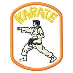 Cartoonish karate practitioner in dynamic pose, wearing a gi and black belt, with bold 'KARATE' text and colorful border.