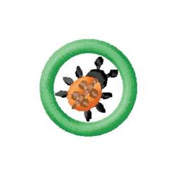Playful ladybug with orange body and black spots inside a green circle, perfect for children's items.