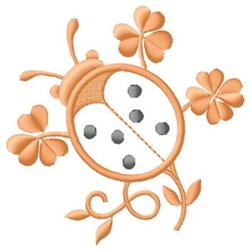 Playful ladybug with black dots and light peach color, among clover flowers and a swirling vine, perfect for spring quilts.