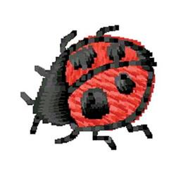 Pixel art ladybug with a bright red shell and black spots, featuring a playful design.