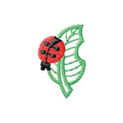 Cheerful ladybug with black spots on a green leaf, intricate vein details, perfect for playful children's embroidery.