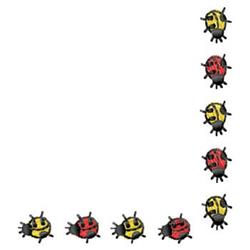 Playful row of red and yellow ladybugs with black accents, cheerful design perfect for machine embroidery projects.