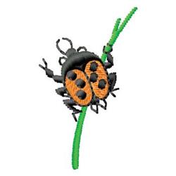 Cartoon ladybug with a glossy black body and vibrant orange spots on a green stem, perfect for playful machine embroidery.