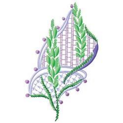 Intricate leaf with delicate green foliage and light purple accents amidst a grid background and decorative dots.