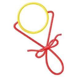Applique playful loop and bow design with red curved line and yellow circular detail, perfect for cheerful decor.