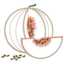 Cross-section of a melon with pink flesh and seeds, light rind, perfect for kitchen décor.