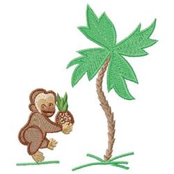 Playful monkey holding a pineapple beside a vibrant palm tree, colorful folk art style design.