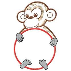 Cute cartoon monkey in light brown with gray accents, holding a circular red border; playful design perfect for kids.