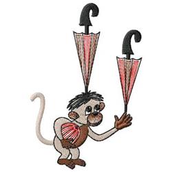 Playful cartoon monkey joyfully holds two colorful umbrellas with pink and black accents.
