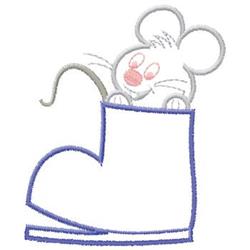 Playful cartoon mouse with pink accents peeking from a blue boot, charming design perfect for kids.