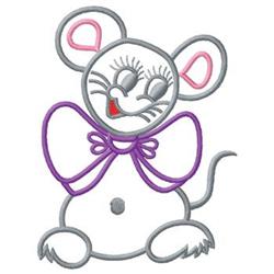Playful mouse with large ears and a joyful smile, wearing a purple bow, cartoon style.