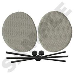 Playful cartoon mouse face featuring light gray elliptical ears, round eyes, and delicate whiskers.