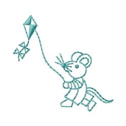 Playful mouse holding a kite string in spring, wearing a striped outfit, whimsical kite above.