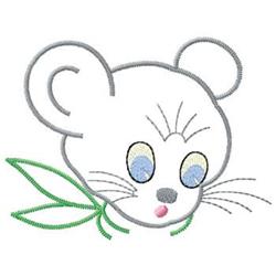 Playful mouse head with blue eyes and pink tongue, beside a green leaf, features charming embroidery style.