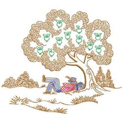 Napping Under a Tree - 6x10 tree detailed embroidery design for Garden Aprons