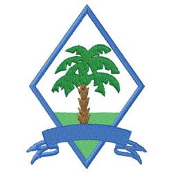 Stylized palm tree design with brown trunk and green fronds on a blue diamond background, featuring grass below.
