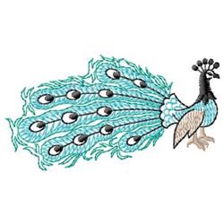 Peacock with vibrant turquoise feathers and dark blue eye patterns. Detailed design for machine embroidery.