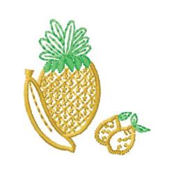 Colorful pineapple with green leaves, playful banana, and pear in whimsical line art style.