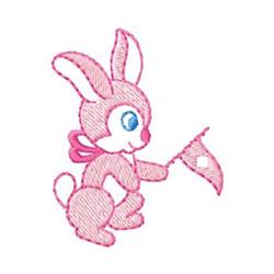 Cute pink bunny with large ears holds a flag, perfect for playful Easter designs for children.