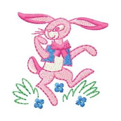 Playful pink rabbit in a blue vest and pink bowtie leaps among blue flowers and green grass for Easter.