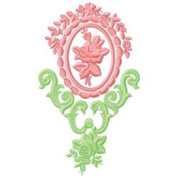 Elegant floral design featuring a central pink rose, ornate frame, and green scrollwork for detailed embroidery.