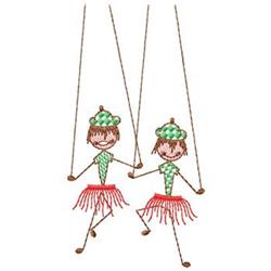 Two whimsical puppet figures in colorful outfits, featuring checkered hats and fringed skirts, suspended by brown strings.
