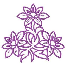 Intricate floral design featuring three purple flowers and detailed leafy elements in elegant symmetry.