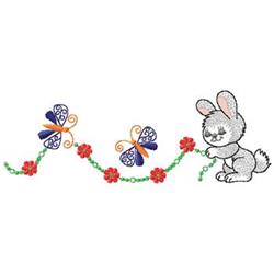 Playful rabbit holds a green vine with vibrant flowers, surrounded by colorful butterflies. Perfect for spring décor.