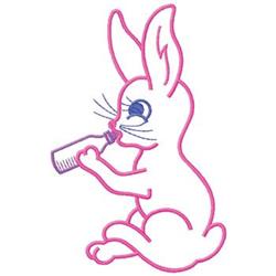 Cartoon rabbit with pink outlines and blue eyes, sitting with a bottle, ideal for playful children's decor.