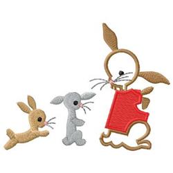 Playful cartoon rabbits celebrate Easter. A large red rabbit with small gray and tan rabbits joyfully interacting.