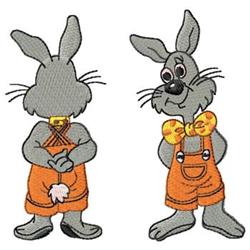 Playful rabbit in orange overalls with big ears, showcasing Easter cheer in a cartoon style.