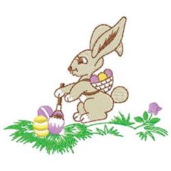 Playful rabbit with a colorful Easter egg basket on green grass, accented by a violet flower for a festive touch.