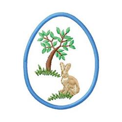 Playful rabbit beside a tree and green grass, surrounded by an oval blue border, perfect for Easter.