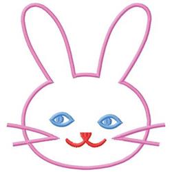 Playful appliqué rabbit head with a white face, pink outline, blue eyes, and red nose, perfect for Easter.