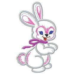 Playful rabbit with white fur, pink accents, and a purple scarf in a joyful pose for Easter-themed applique.