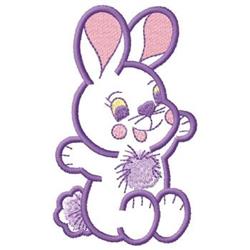 Playful rabbit with white fur, pink ears, and a cheerful smile, outlined in purple for Easter festivities.