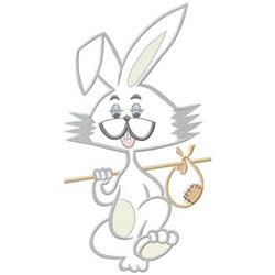 Cheerful cartoon rabbit with glasses, holding a stick with a bag. Perfect for Easter-themed projects.