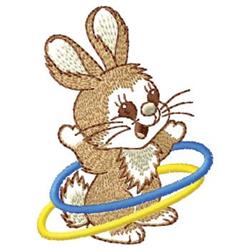 Playful rabbit design for Easter, featuring a cheerful brown bunny with colorful hoops in a cartoon style.